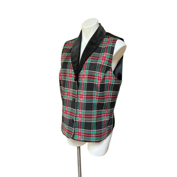 Vintage 90s Plaid Tartan Vest Velvet Collar Black Red Green Womens Large - Picture 2 of 5